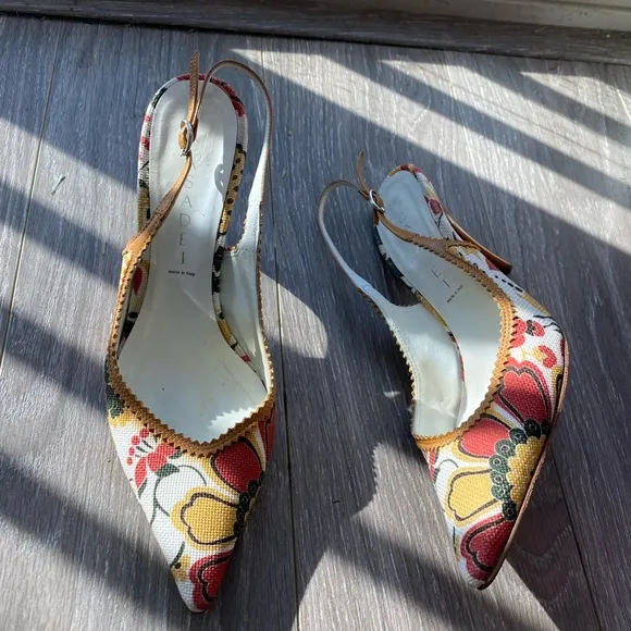 CASADEI Floral Print Leather Designer Slingback heels, 7.5