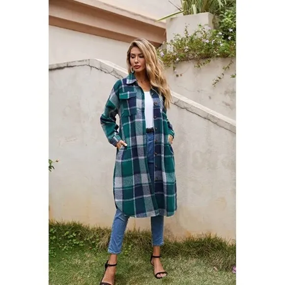 Casual Green Plaid Button Down Long Puff Sleeve Trench Coat Jacket Shacket Wool