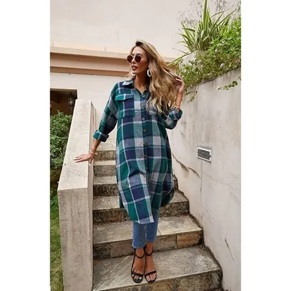 Casual Green Plaid Button Down Long Puff Sleeve Trench Coat Jacket Shacket Wool