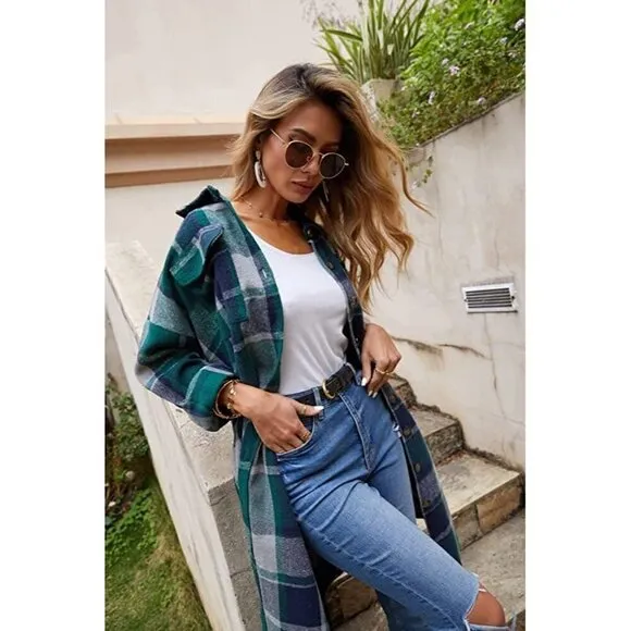Casual Green Plaid Button Down Long Puff Sleeve Trench Coat Jacket Shacket Wool