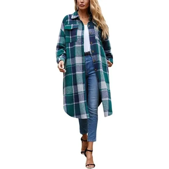 Casual Green Plaid Button Down Long Puff Sleeve Trench Coat Jacket Shacket Wool