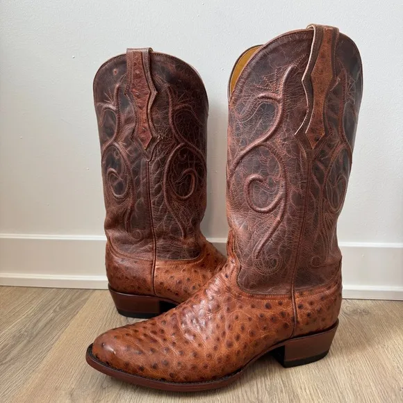 Cavender's Men's Almond Ostrich Print Round Toe Cowboy Boots Size 11D Western
