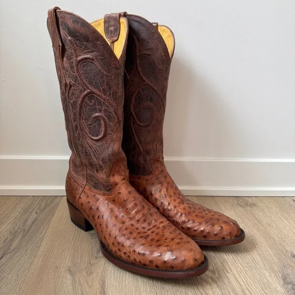 Cavender's Men's Almond Ostrich Print Round Toe Cowboy Boots Size 11D Western