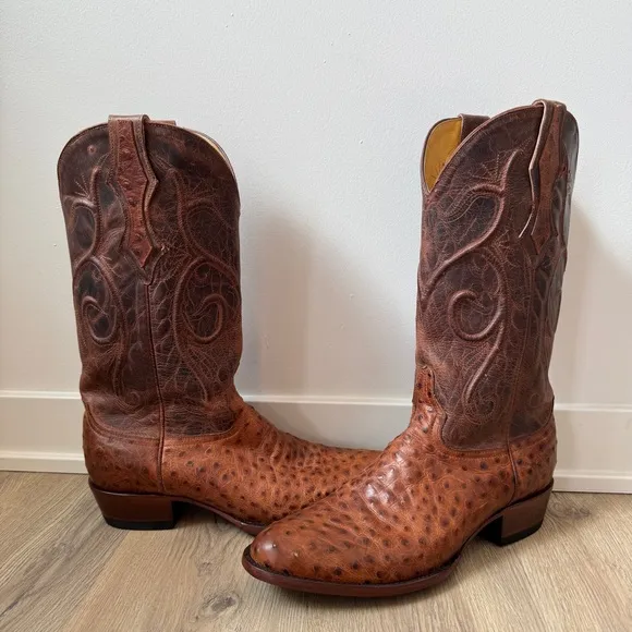 Cavender's Men's Almond Ostrich Print Round Toe Cowboy Boots Size 11D Western