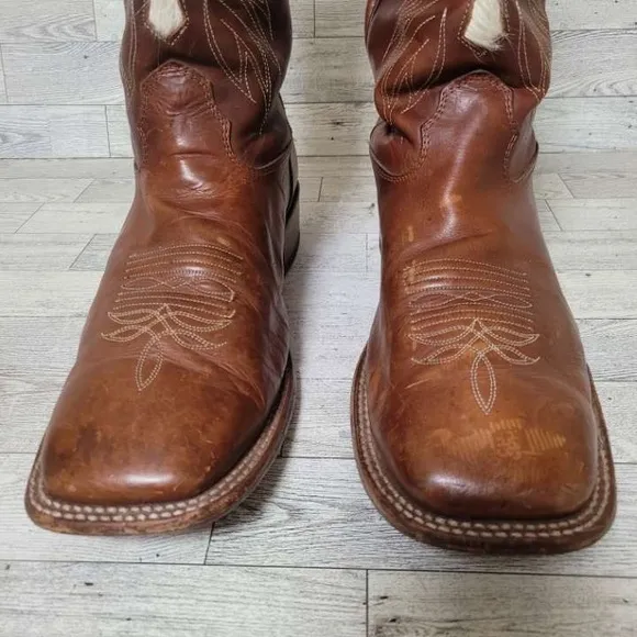 Cavenders Western Brown Leather Hair On Cowhide Cowboy Boots Size 12 Square Toe