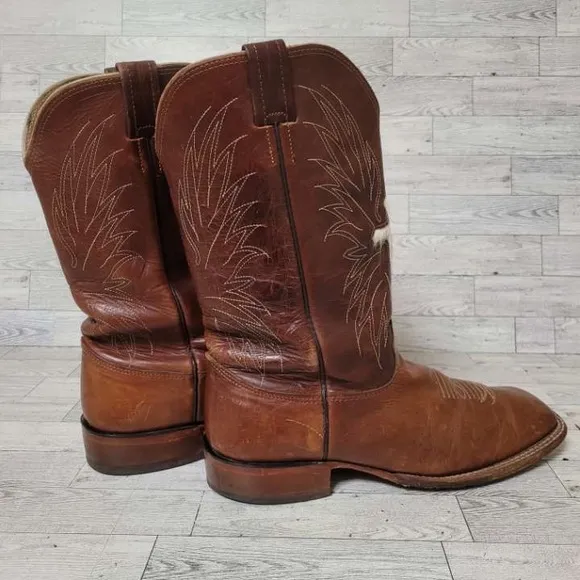 Cavenders Western Brown Leather Hair On Cowhide Cowboy Boots Size 12 Square Toe
