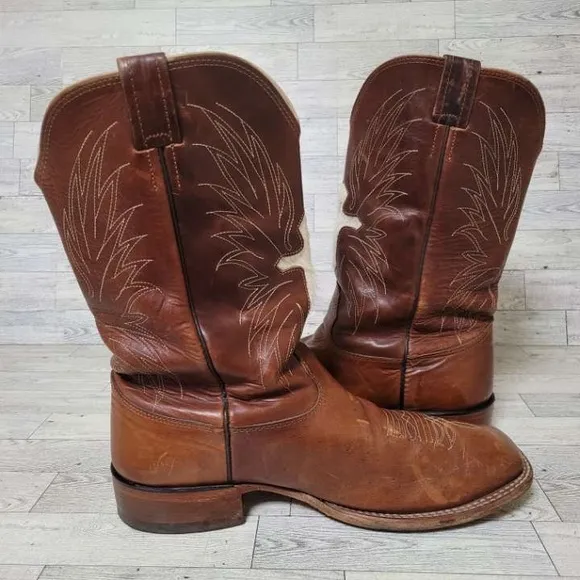 Cavenders Western Brown Leather Hair On Cowhide Cowboy Boots Size 12 Square Toe