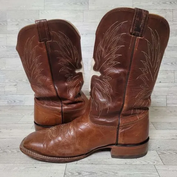 Cavenders Western Brown Leather Hair On Cowhide Cowboy Boots Size 12 Square Toe