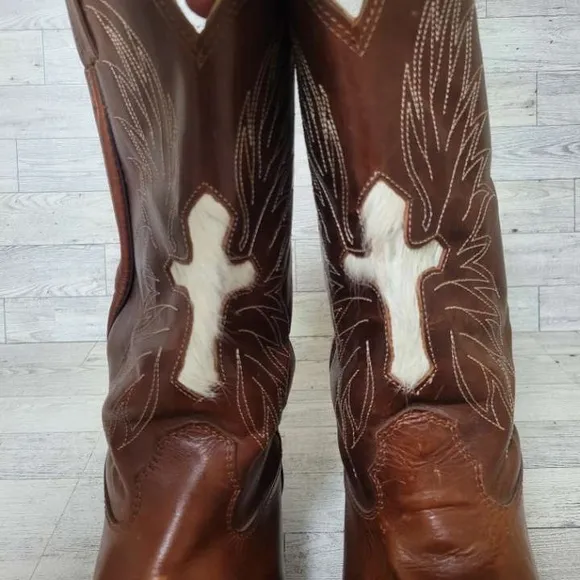 Cavenders Western Brown Leather Hair On Cowhide Cowboy Boots Size 12 Square Toe