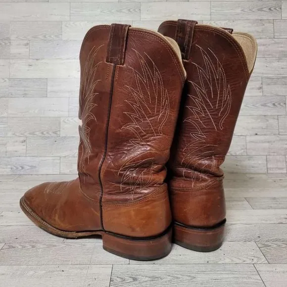 Cavenders Western Brown Leather Hair On Cowhide Cowboy Boots Size 12 Square Toe