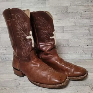 Cavenders Western Brown Leather Hair On Cowhide Cowboy Boots Size 12 Square Toe