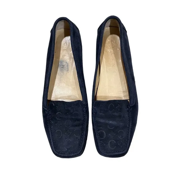 Celine Navy Blue suede leather slip on loafers