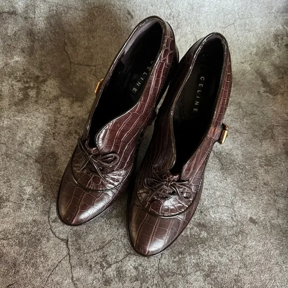 Celine Vintage Oxford Croc-Embossed Heels Mahogany | EU 38, US 7