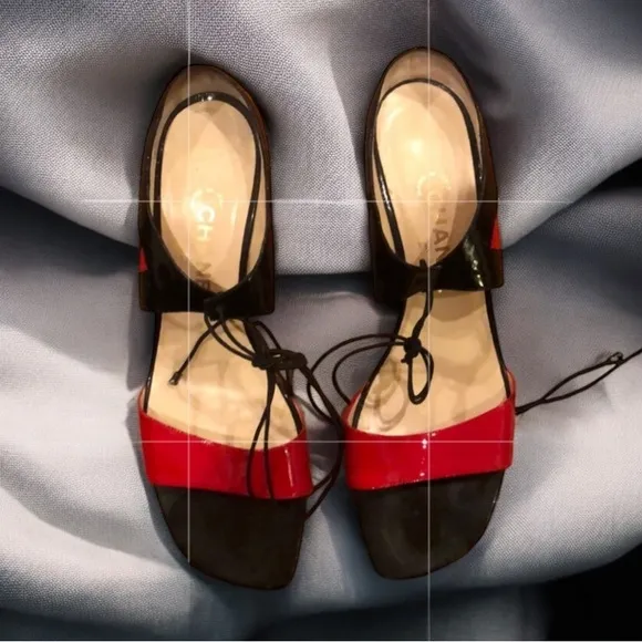 Chanel Patent Leather Heels Sandals Black And Red