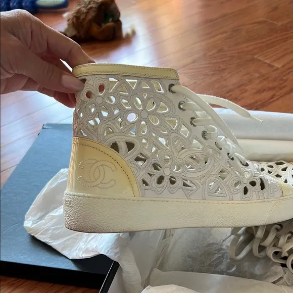 Chanel White and Cream High-Top Sneakers