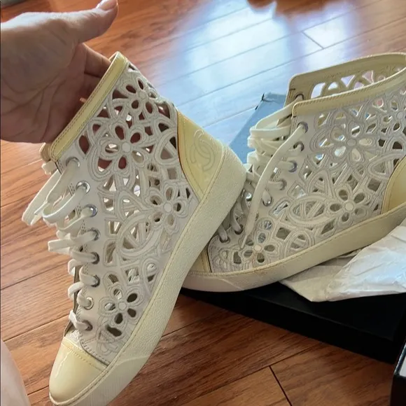 Chanel White and Cream High-Top Sneakers