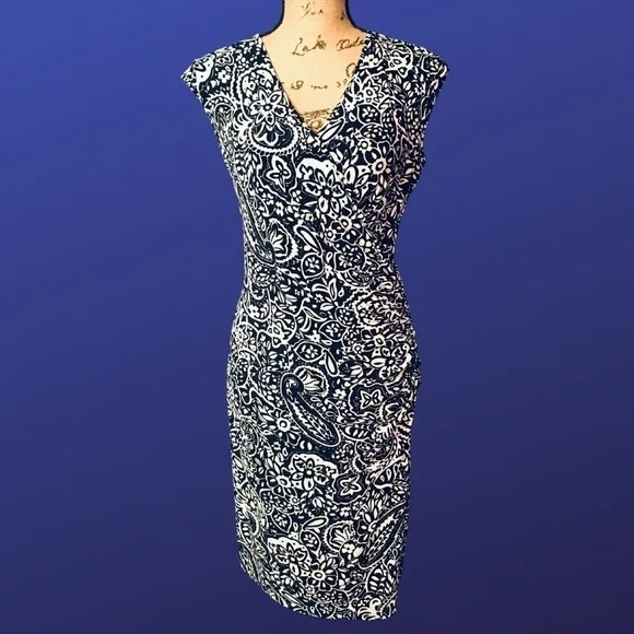 CHAPS by RALPH LAUREN Surplice Wrap Dress, CAP SLEEVE, Navy/White, Size S, NWOT