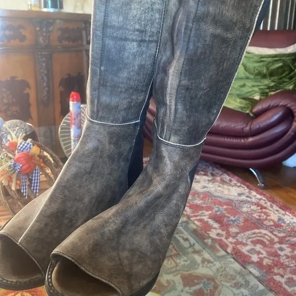 Charcoal Open-Toe Knee-High Boots