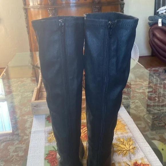Charcoal Open-Toe Knee-High Boots