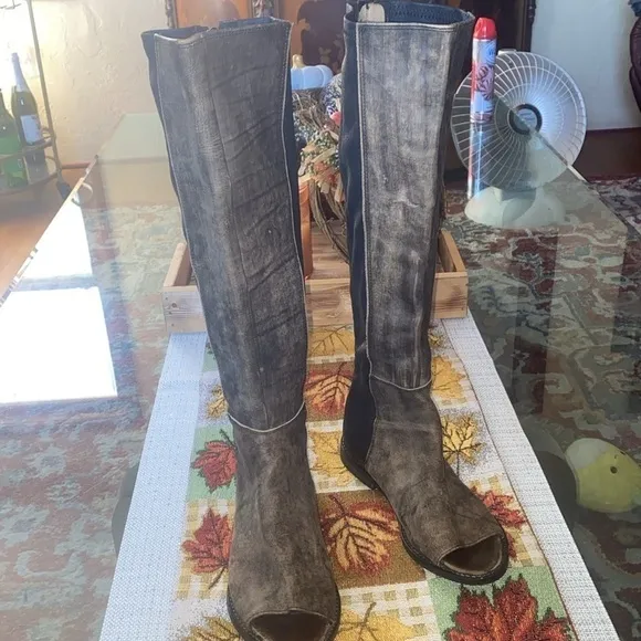 Charcoal Open-Toe Knee-High Boots