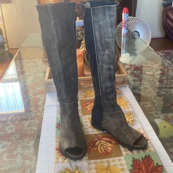 Charcoal Open-Toe Knee-High Boots
