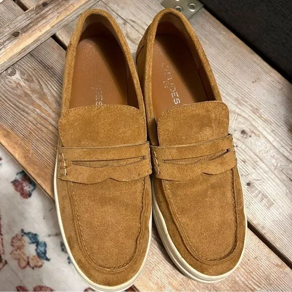 Chic J/Slides Cognac Tan Suede Menswear Inspired Platform Loafer Sneakers