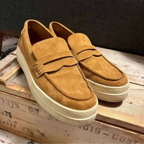 Chic J/Slides Cognac Tan Suede Menswear Inspired Platform Loafer Sneakers