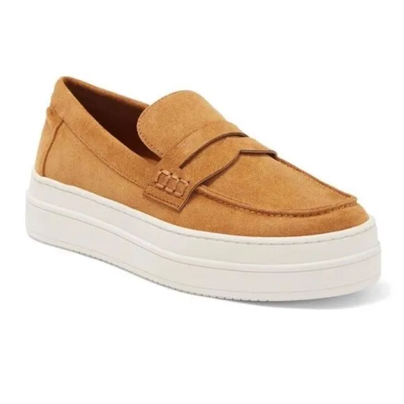 Chic J/Slides Cognac Tan Suede Menswear Inspired Platform Loafer Sneakers