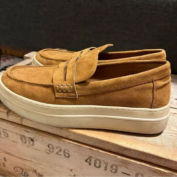 Chic J/Slides Cognac Tan Suede Menswear Inspired Platform Loafer Sneakers
