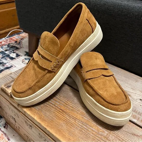 Chic J/Slides Cognac Tan Suede Menswear Inspired Platform Loafer Sneakers