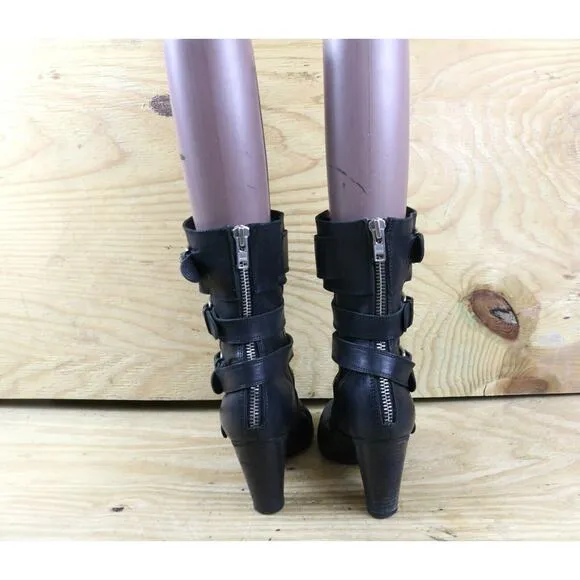 Chole Boots Womens 9 Black Leather Moto 4 Buckle 4&quot; Biker Ankle Shoes Zip Italy