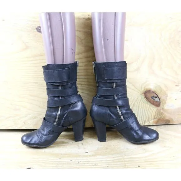 Chole Boots Womens 9 Black Leather Moto 4 Buckle 4&quot; Biker Ankle Shoes Zip Italy