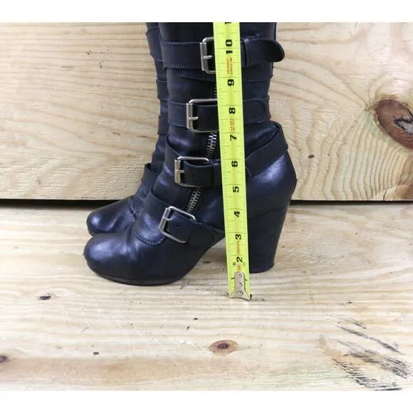 Chole Boots Womens 9 Black Leather Moto 4 Buckle 4&quot; Biker Ankle Shoes Zip Italy