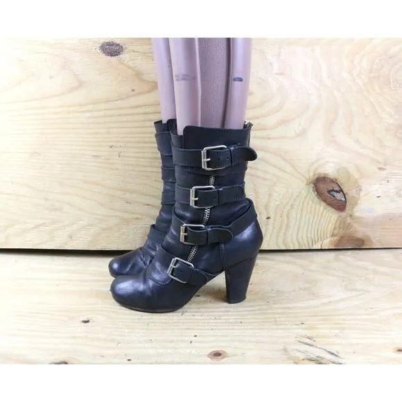Chole Boots Womens 9 Black Leather Moto 4 Buckle 4&quot; Biker Ankle Shoes Zip Italy