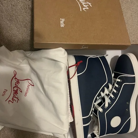 Christian Louboutin Men's High-Top Sneakers - Navy and White size 46
