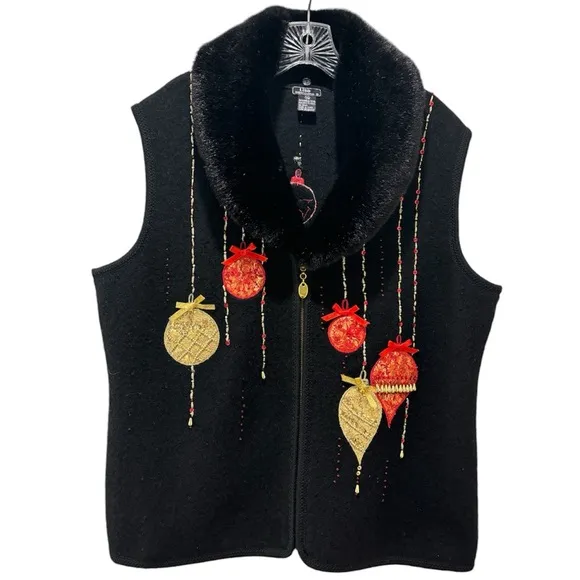 Christmas Sweater Vest Vintage Wool Sweater Fur Collar Black Red Gold Size XL