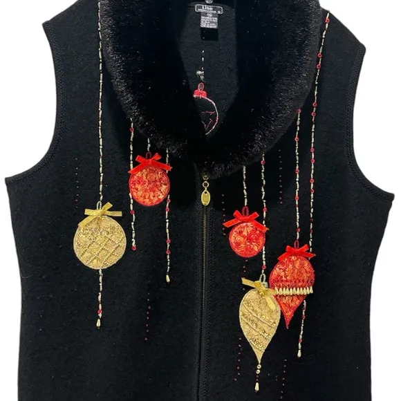 Christmas Sweater Vest Vintage Wool Sweater Fur Collar Black Red Gold Size XL
