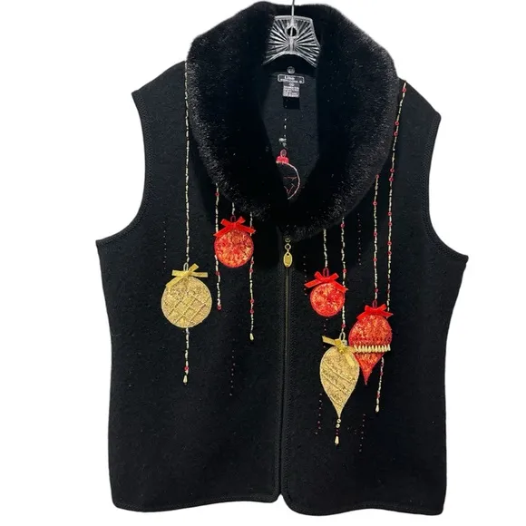 Christmas Sweater Vest Vintage Wool Sweater Fur Collar Black Red Gold Size XL