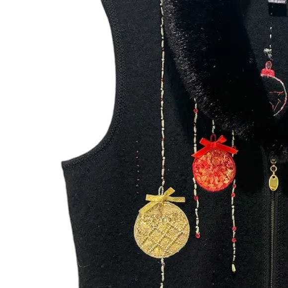Christmas Sweater Vest Vintage Wool Sweater Fur Collar Black Red Gold Size XL