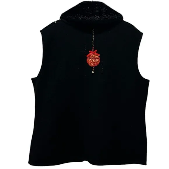 Christmas Sweater Vest Vintage Wool Sweater Fur Collar Black Red Gold Size XL