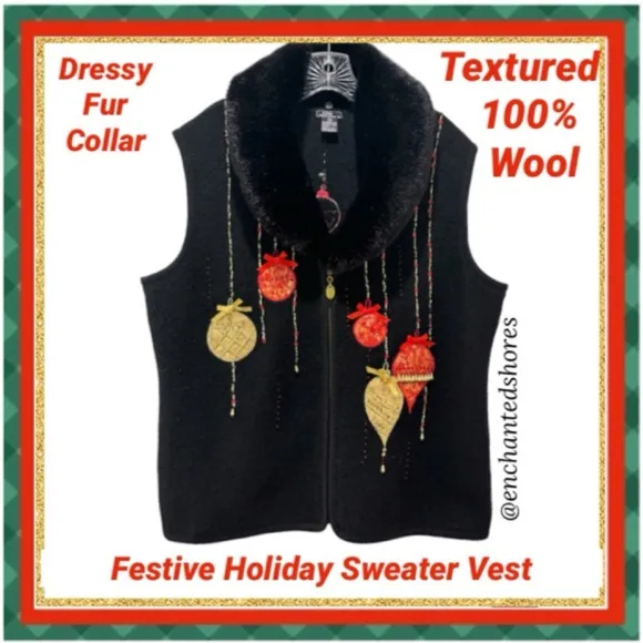 Christmas Sweater Vest Vintage Wool Sweater Fur Collar Black Red Gold Size XL