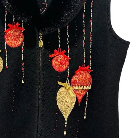 Christmas Sweater Vest Vintage Wool Sweater Fur Collar Black Red Gold Size XL