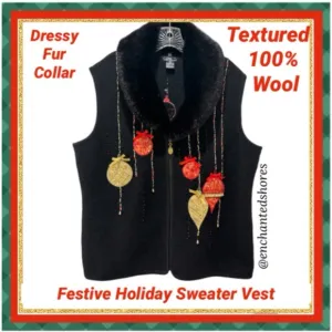 Christmas Sweater Vest Vintage Wool Sweater Fur Collar Black Red Gold Size XL