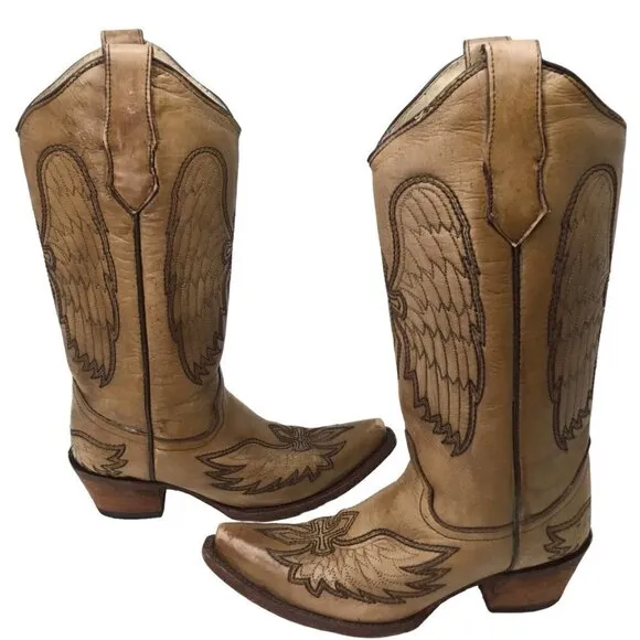 Circle G Boots Leather Western Wings Crosses Wing Snip Toe Embroidery Sz 6.5 Tan