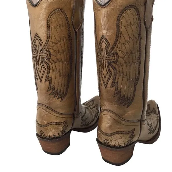 Circle G Boots Leather Western Wings Crosses Wing Snip Toe Embroidery Sz 6.5 Tan