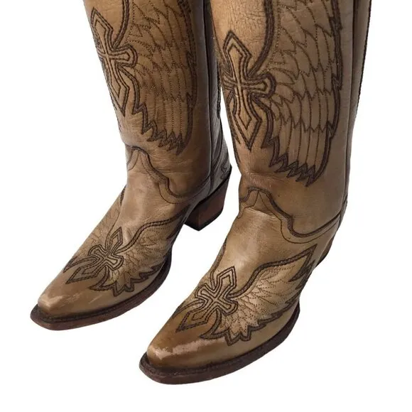 Circle G Boots Leather Western Wings Crosses Wing Snip Toe Embroidery Sz 6.5 Tan