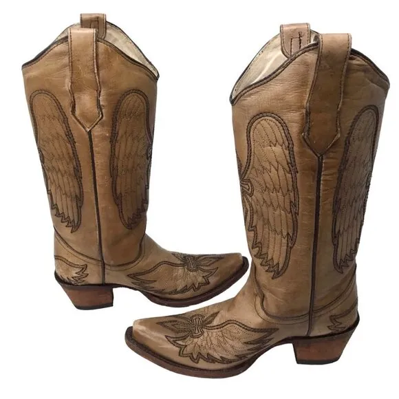 Circle G Boots Leather Western Wings Crosses Wing Snip Toe Embroidery Sz 6.5 Tan