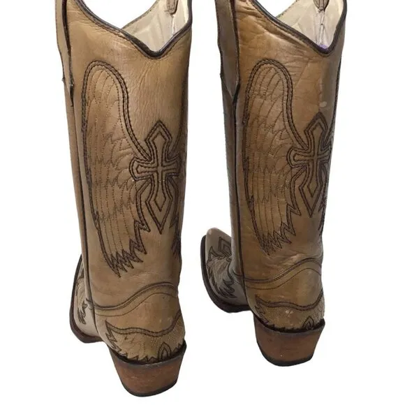 Circle G Boots Leather Western Wings Crosses Wing Snip Toe Embroidery Sz 6.5 Tan