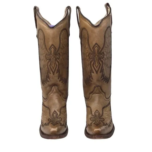 Circle G Boots Leather Western Wings Crosses Wing Snip Toe Embroidery Sz 6.5 Tan