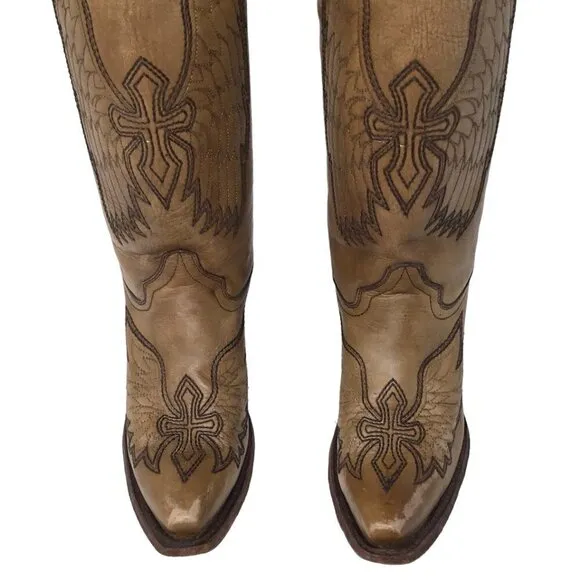 Circle G Boots Leather Western Wings Crosses Wing Snip Toe Embroidery Sz 6.5 Tan